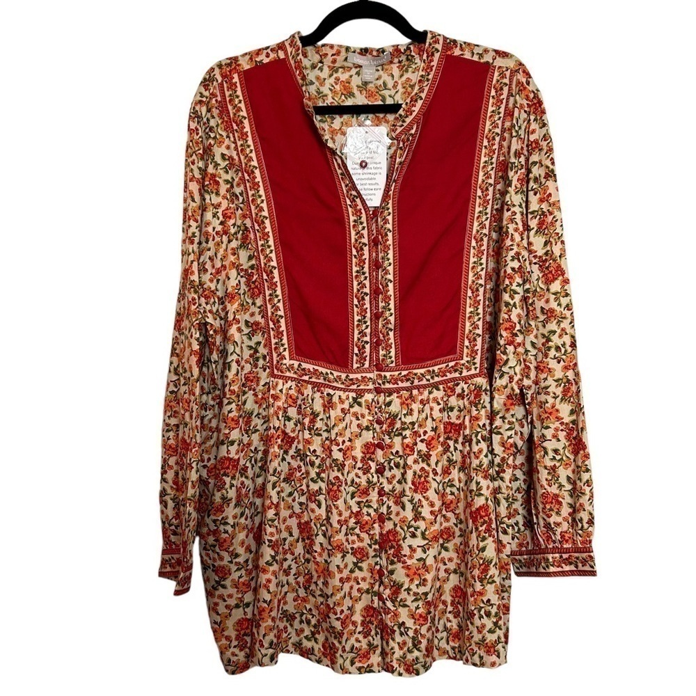 Woman Within Boho Floral & Leaf Print Lightweight Button Down Tunic Top NWT